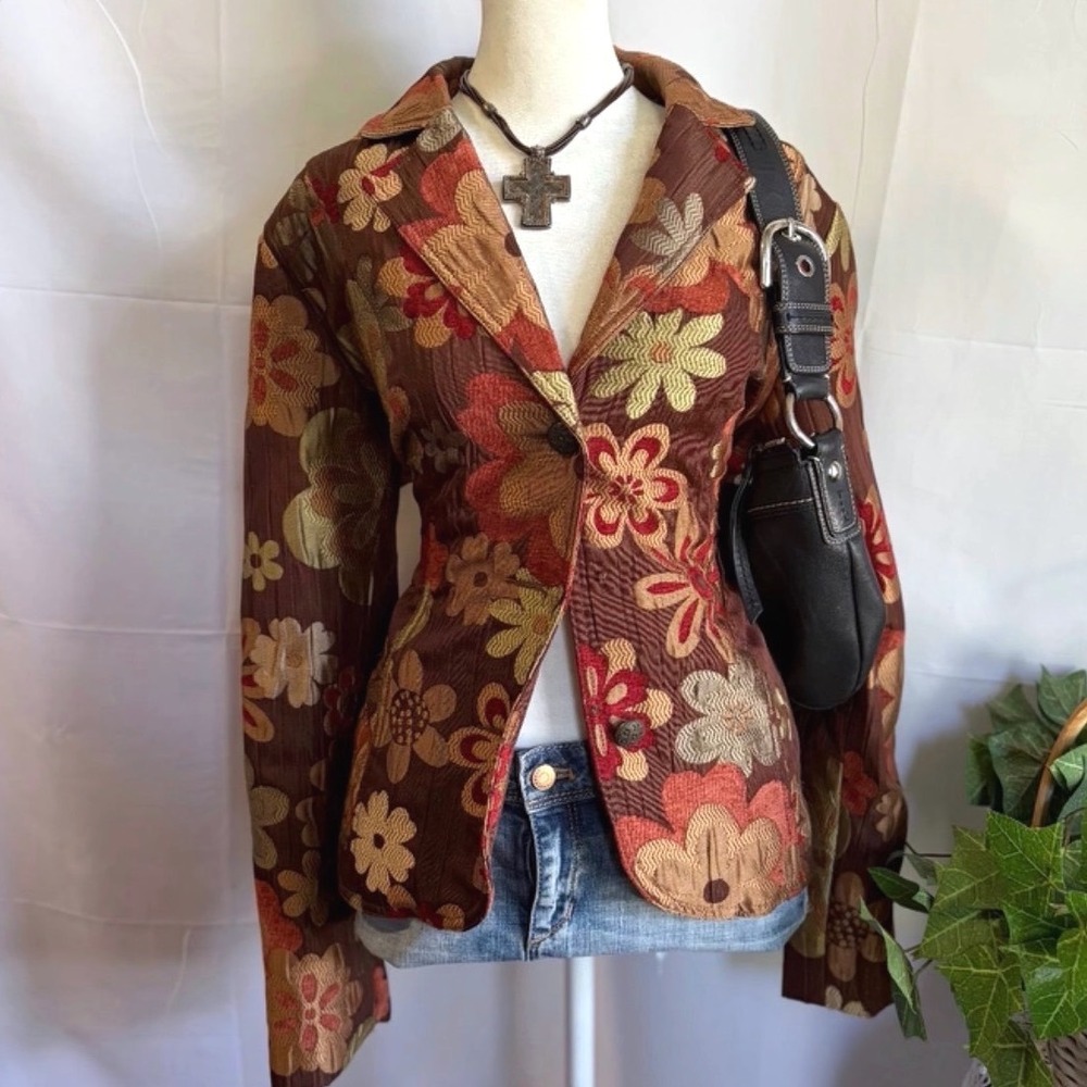 Vintage Whimsical Gothic Fall Floral Tapestry Blazer Jacket Brown Orange Sage L